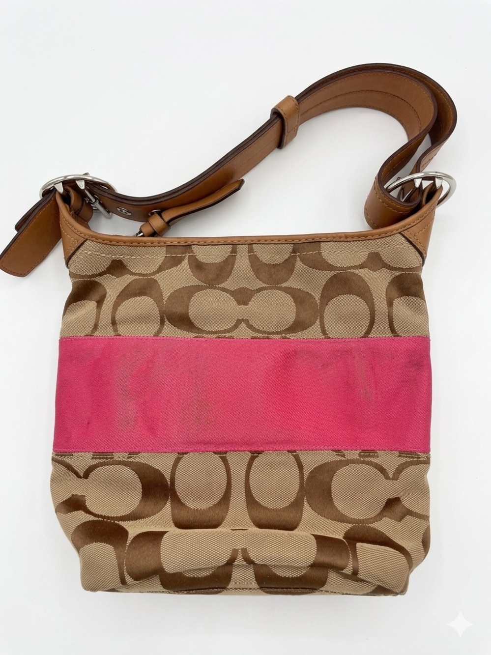 Coach Tan Signature Canvas Crossbody with Pink Center Stripe